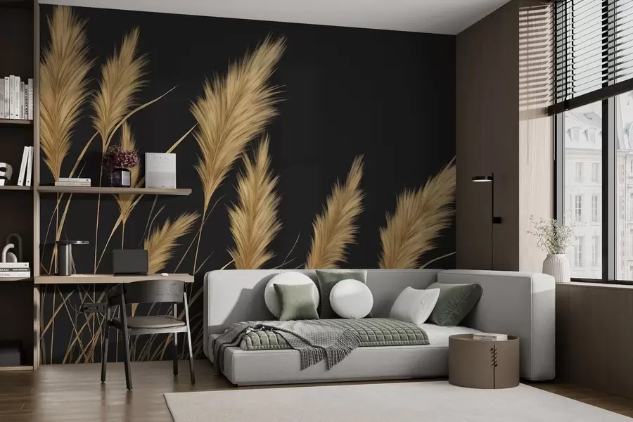 murales de pared Espigas de trigo esponjosas sobre un fondo oscuro w04734