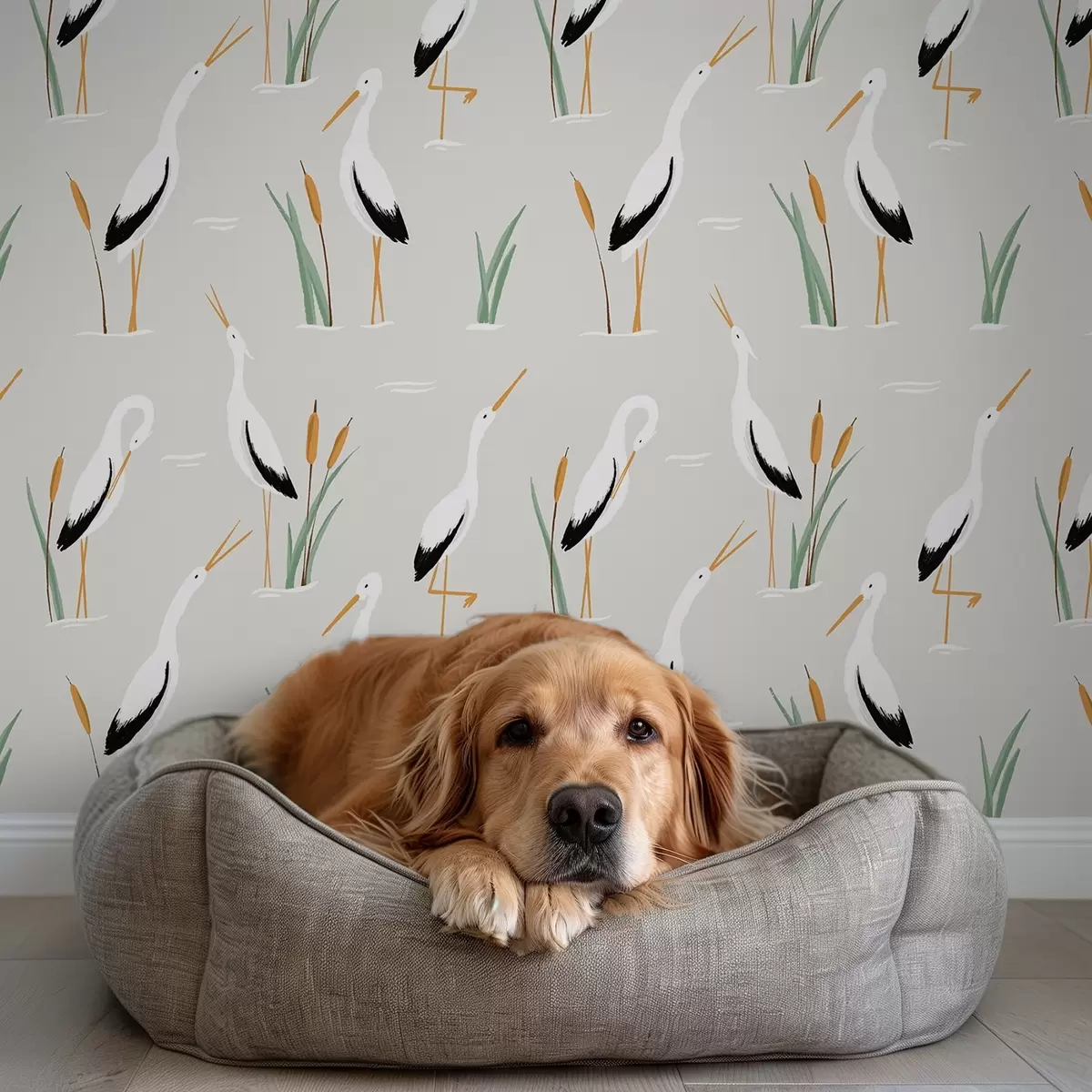 Papel pintado Garzas entre juncos sobre un fondo gris claro a00650 Papel pintado Garzas entre juncos sobre un fondo gris claro a00650