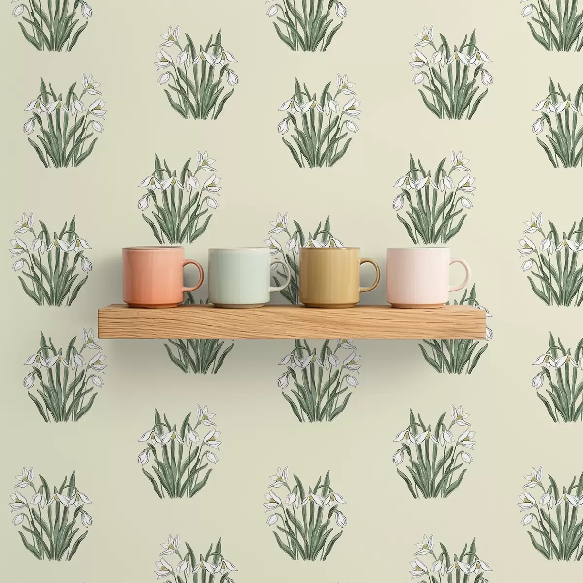 Papel pintado Campanillas de invierno con hojas verdes sobre fondo crema a00651v2