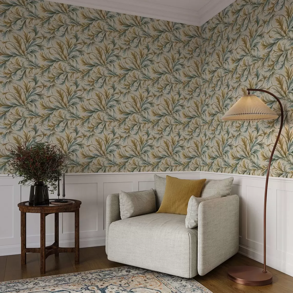 Papel pintado Hojas voluminosas en tonos pastel de verde y beige a00674 Papel pintado Hojas voluminosas en tonos pastel de verde y beige a00674