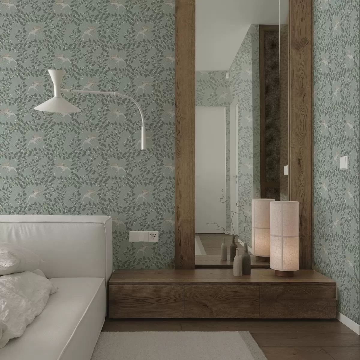 Papel pintado Ramas con bayas blancas y pájaros sobre fondo verde a00731 Papel pintado Ramas con bayas blancas y pájaros sobre fondo verde a00731