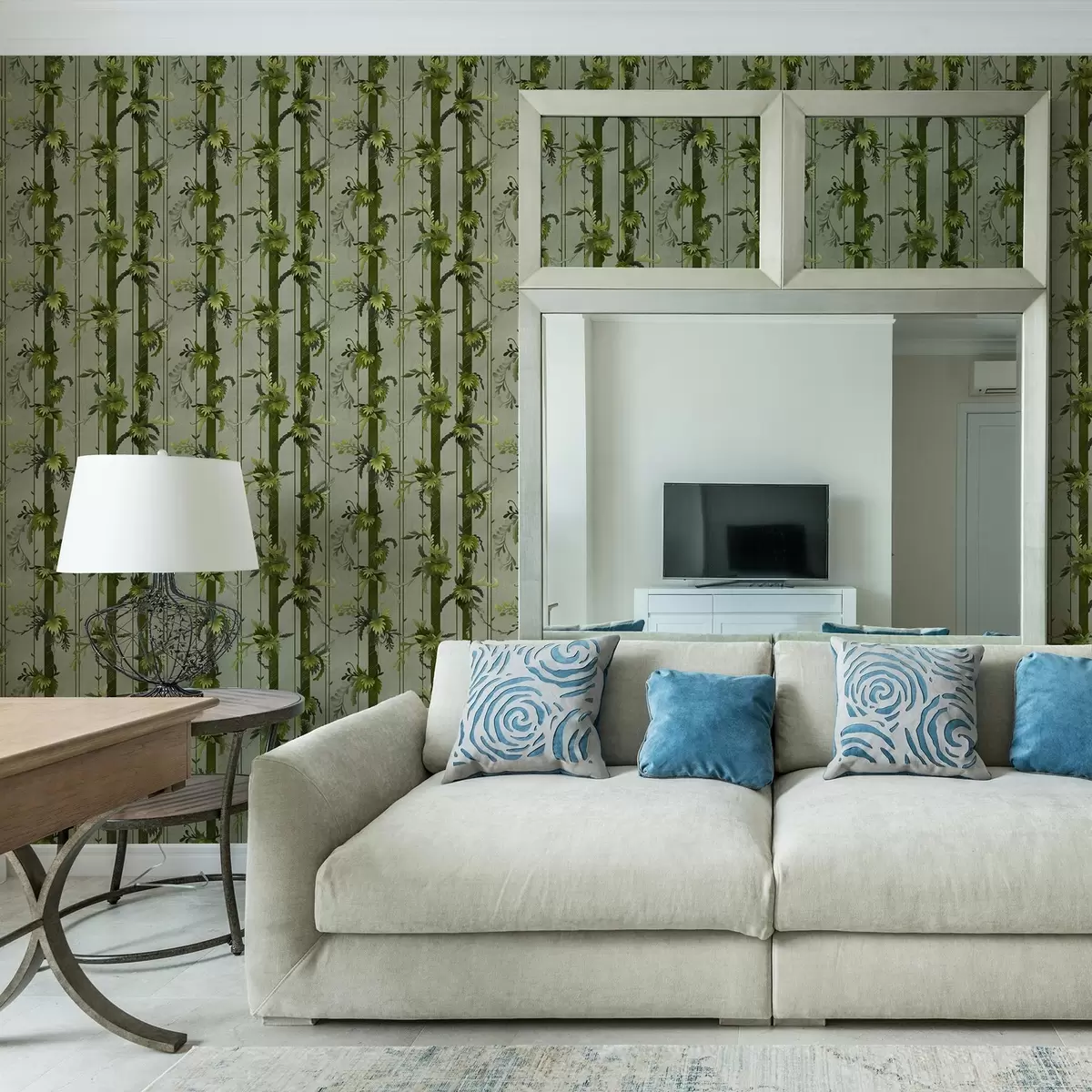 Papel pintado Hojas verdes en rayas verticales sobre fondo gris a00807v1 Papel pintado Hojas verdes en rayas verticales sobre fondo gris a00807v1