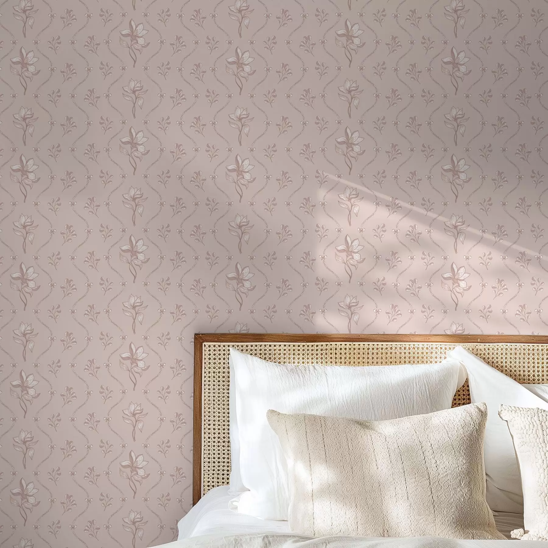 murales de pared Pequeñas flores y cintas en suaves tonos rosa y beige a00808