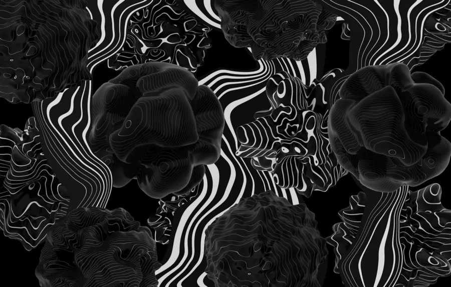 murales de pared formas orgánicas abstractas en estilo 3D en tonos negros con rayas blancas w04628