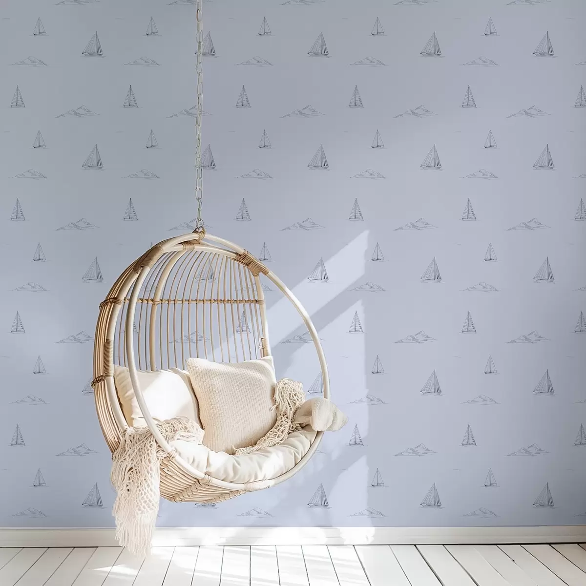 Papel pintado Bocetos de yates e islas, fondo azul a00654v3 Papel pintado Bocetos de yates e islas, fondo azul a00654v3