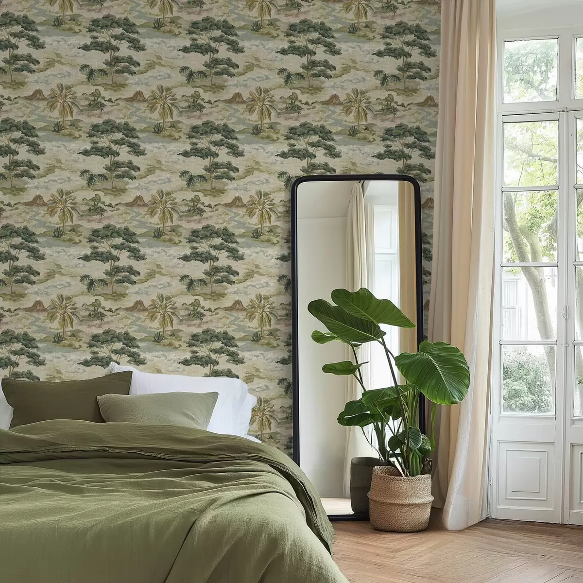 Papel pintado Paisaje con río, árboles y palmeras en tonos suaves a00736