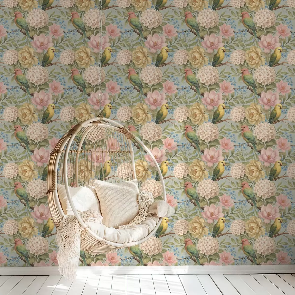 Papel pintado Loros entre peonías, hortensias y magnolias a00747 Papel pintado Loros entre peonías, hortensias y magnolias a00747