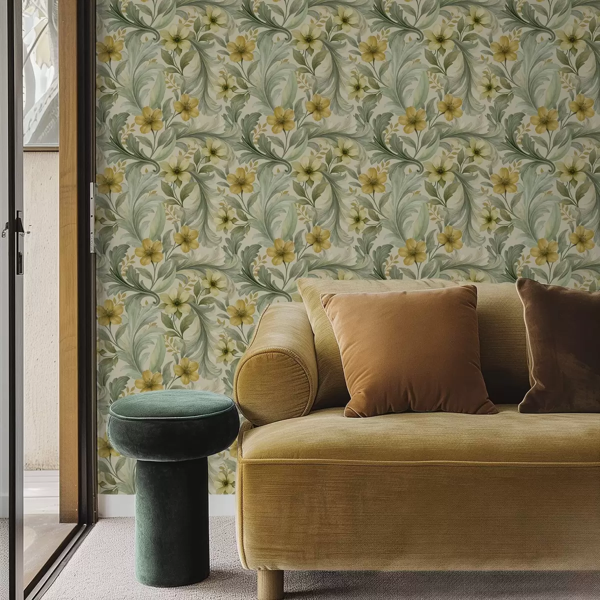 Papel pintado Volutas de acanto con flores en tonos verdes y amarillos a00749