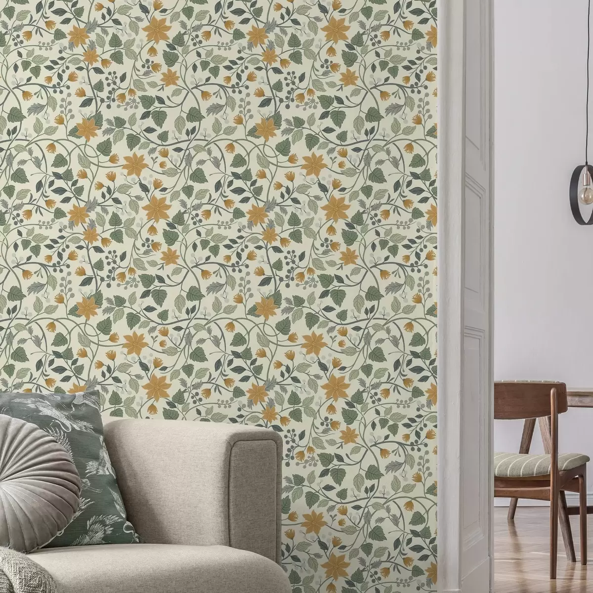 Papel pintado Ramas trepadoras con flores amarillas y bayas a00750