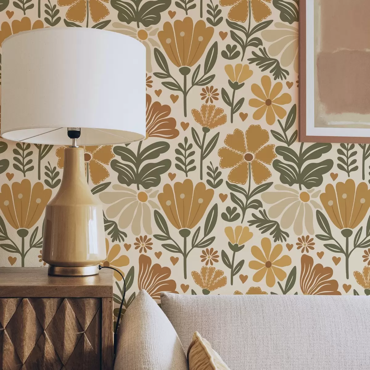 Papel pintado Flores estilizadas en tonos cálidos con corazones a00752 Papel pintado Flores estilizadas en tonos cálidos con corazones a00752