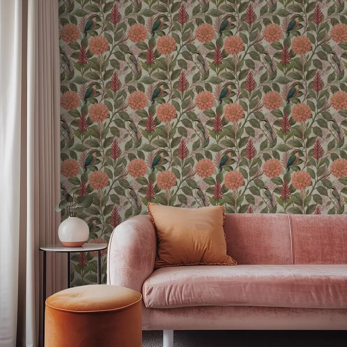 Papel pintado Pájaros entre flores y hojas en tonos cálidos a00753