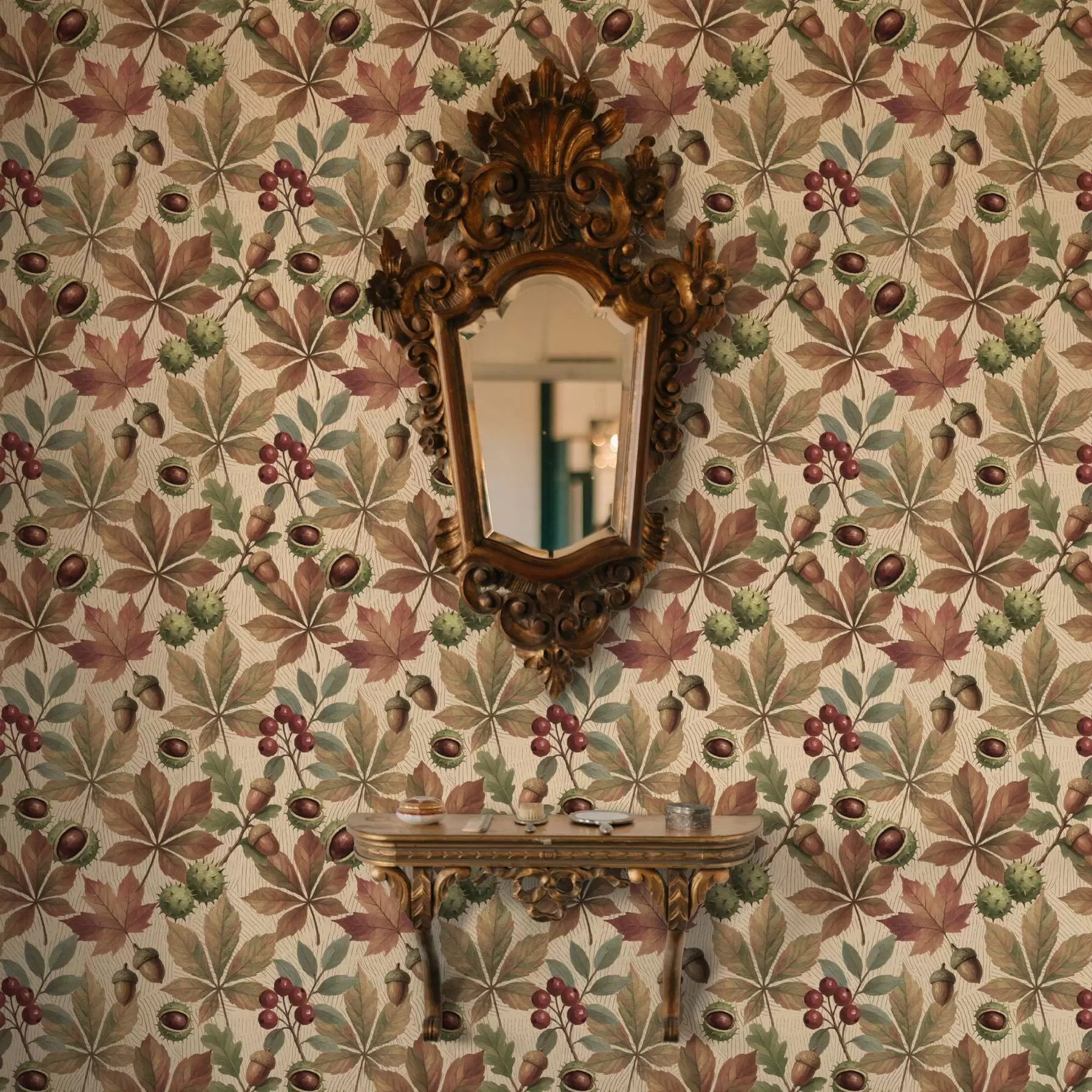 Murales de pared Hojas otoñales, bellotas y bayas sobre fondo beige a00754 murales de pared Hojas otoñales, bellotas y bayas sobre fondo beige a00754