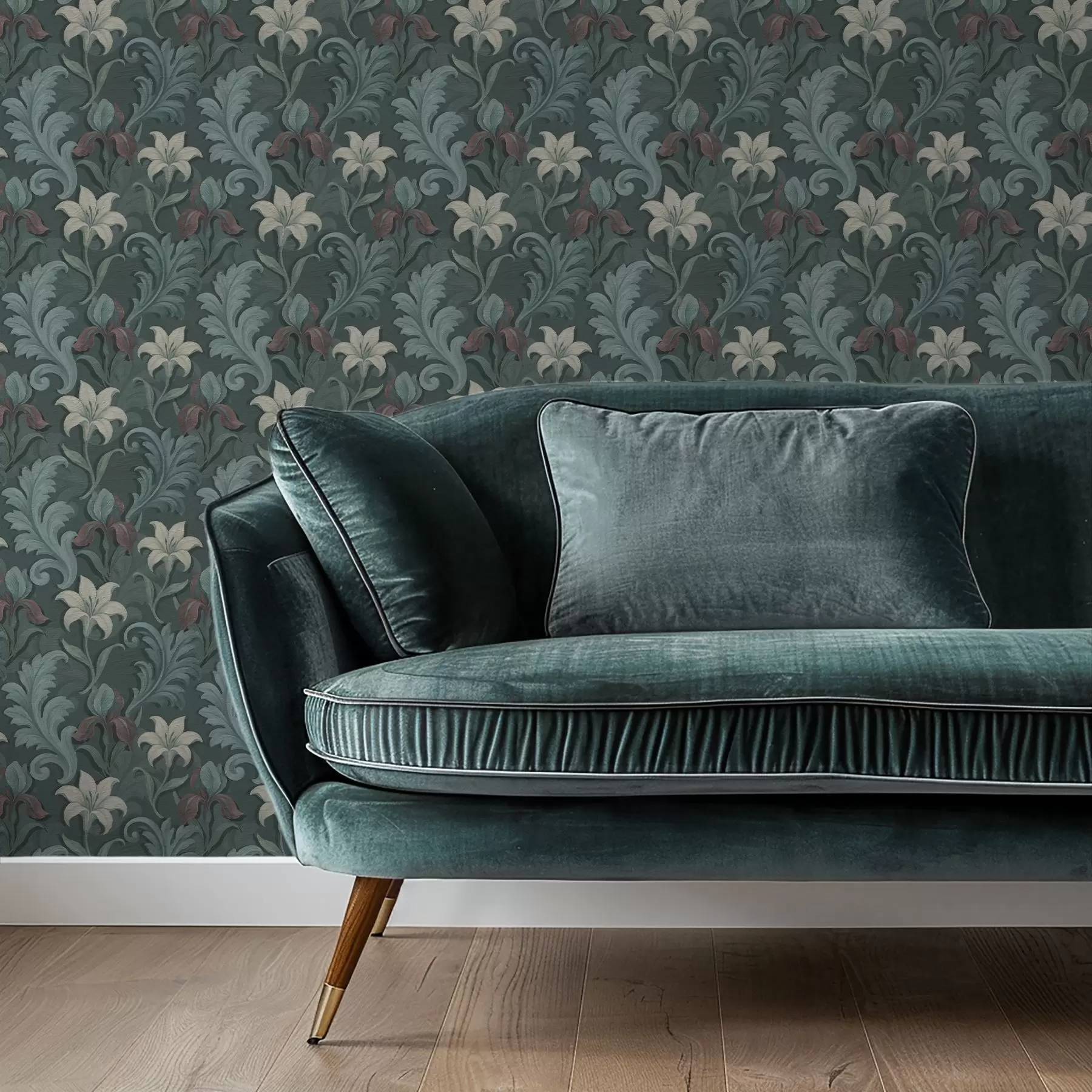 murales de pared Fondo verde oscuro con iris y hojas decorativas a00755