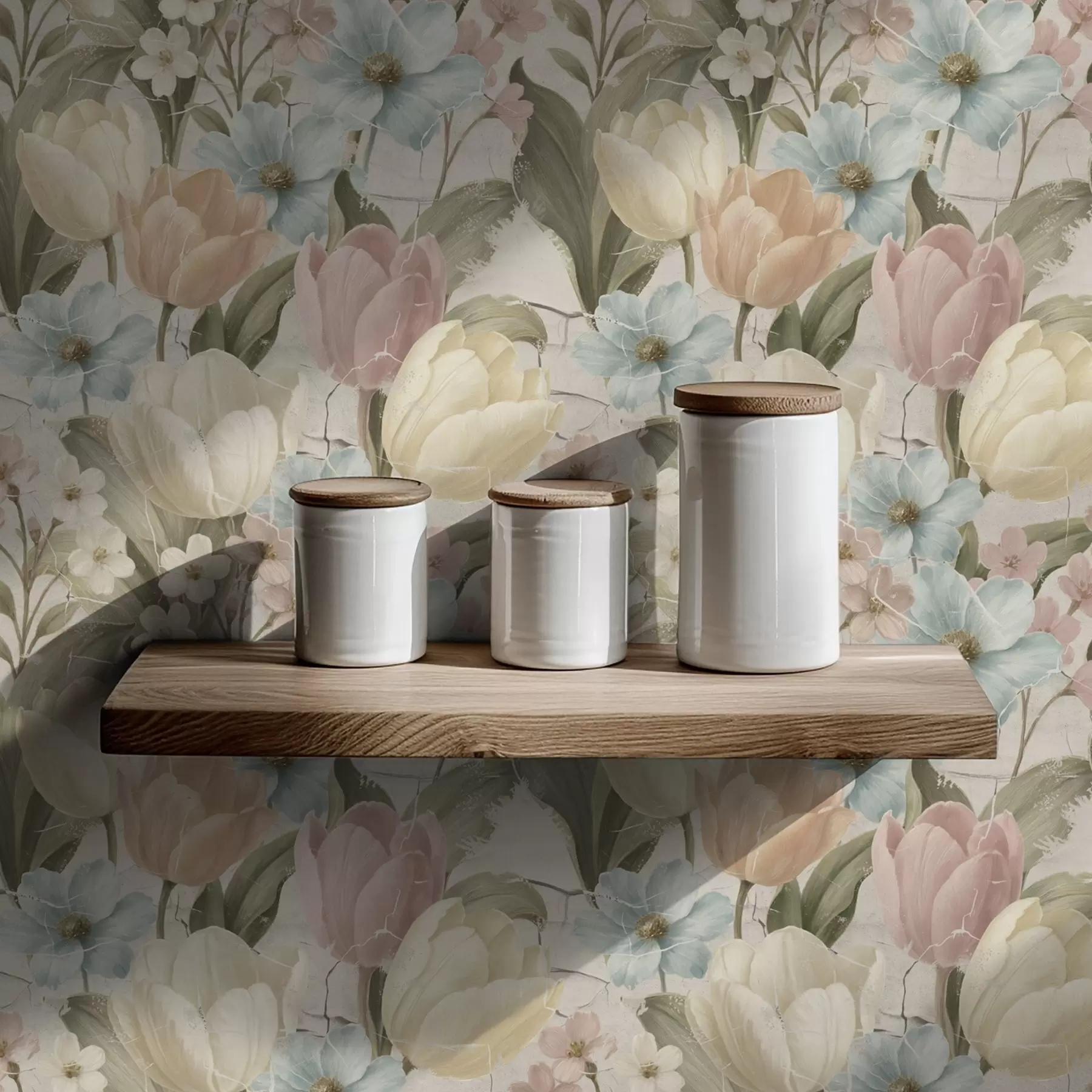 murales de pared Tulipanes y flores en tonos pastel sobre un fondo claro agrietado a00756