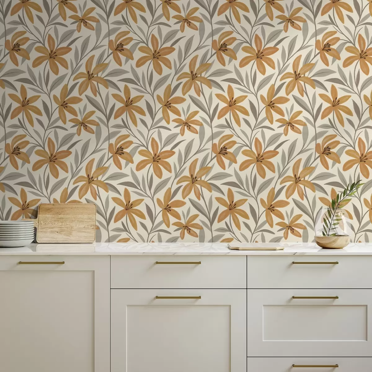 Papel pintado Lirios amarillos y hojas gris verdosas sobre fondo claro a00757