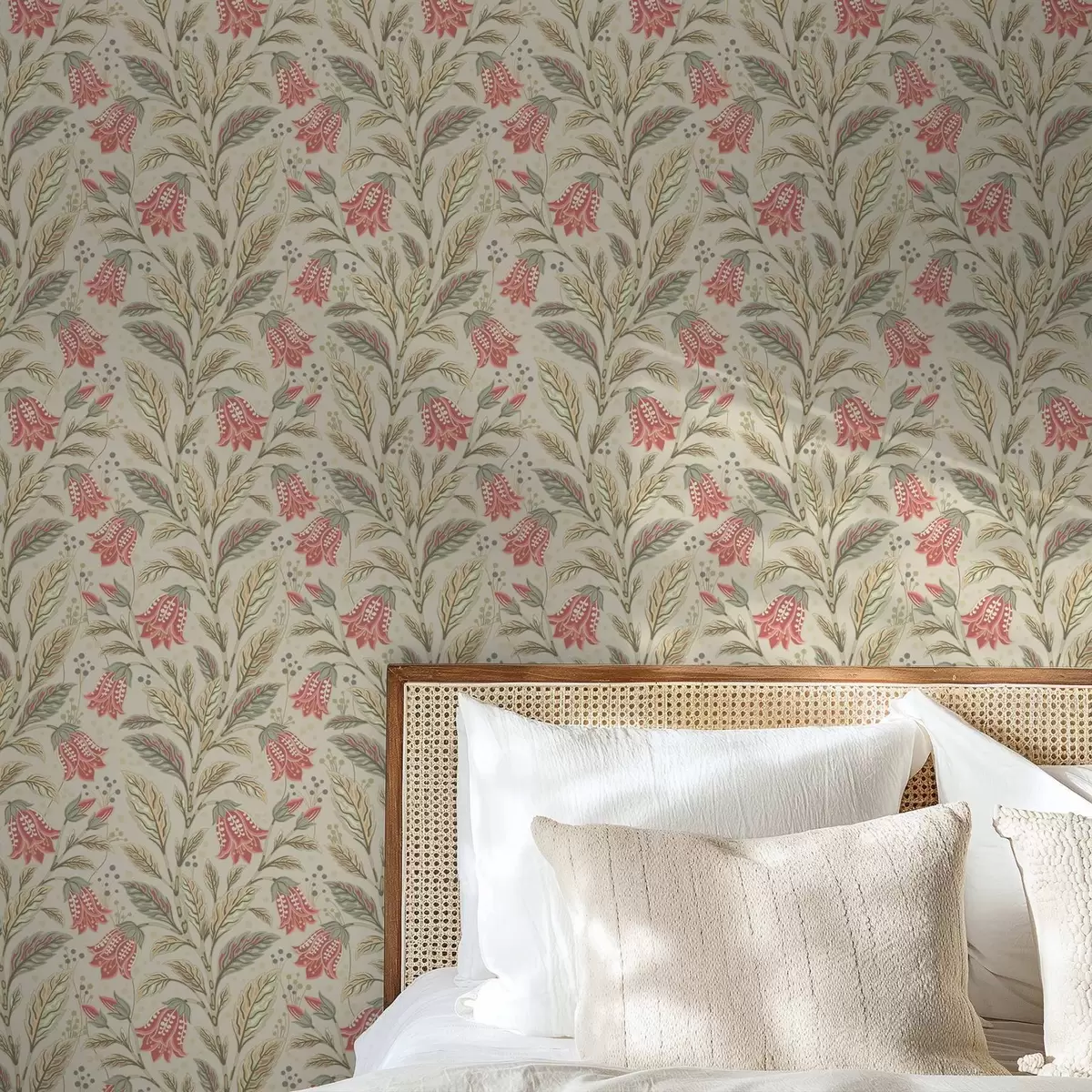Papel pintado Pequeñas flores con forma de campana en tonos rosa y verde a00760