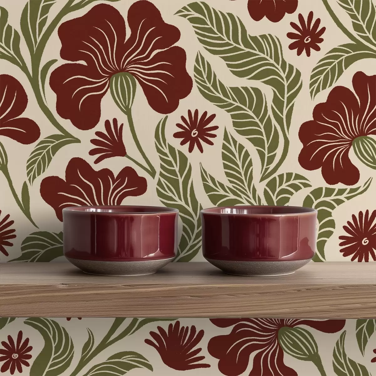 Papel pintado Flores de color burdeos con hojas verdes sobre fondo claro a00761