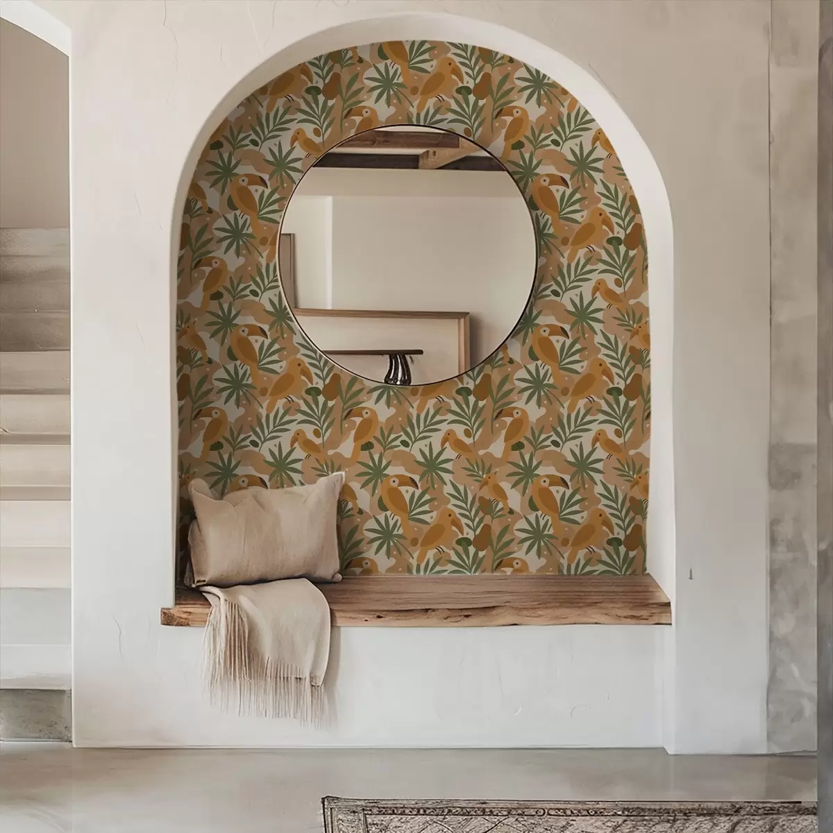 Papel pintado Tucanes estilizados entre hojas de palmera a00762