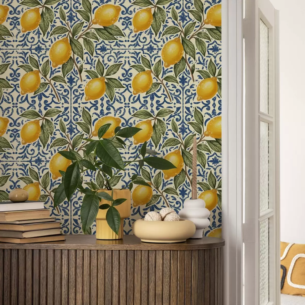 Papel pintado Ramas de limón con fondo ornamental azul a00763