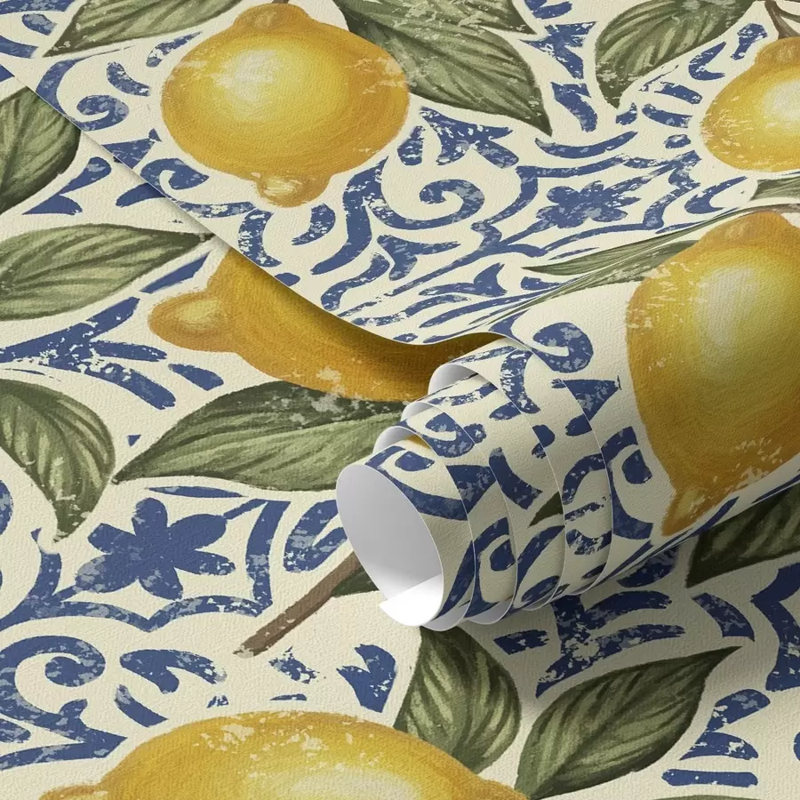 murales de pared Ramas de limón con fondo ornamental azul a00763