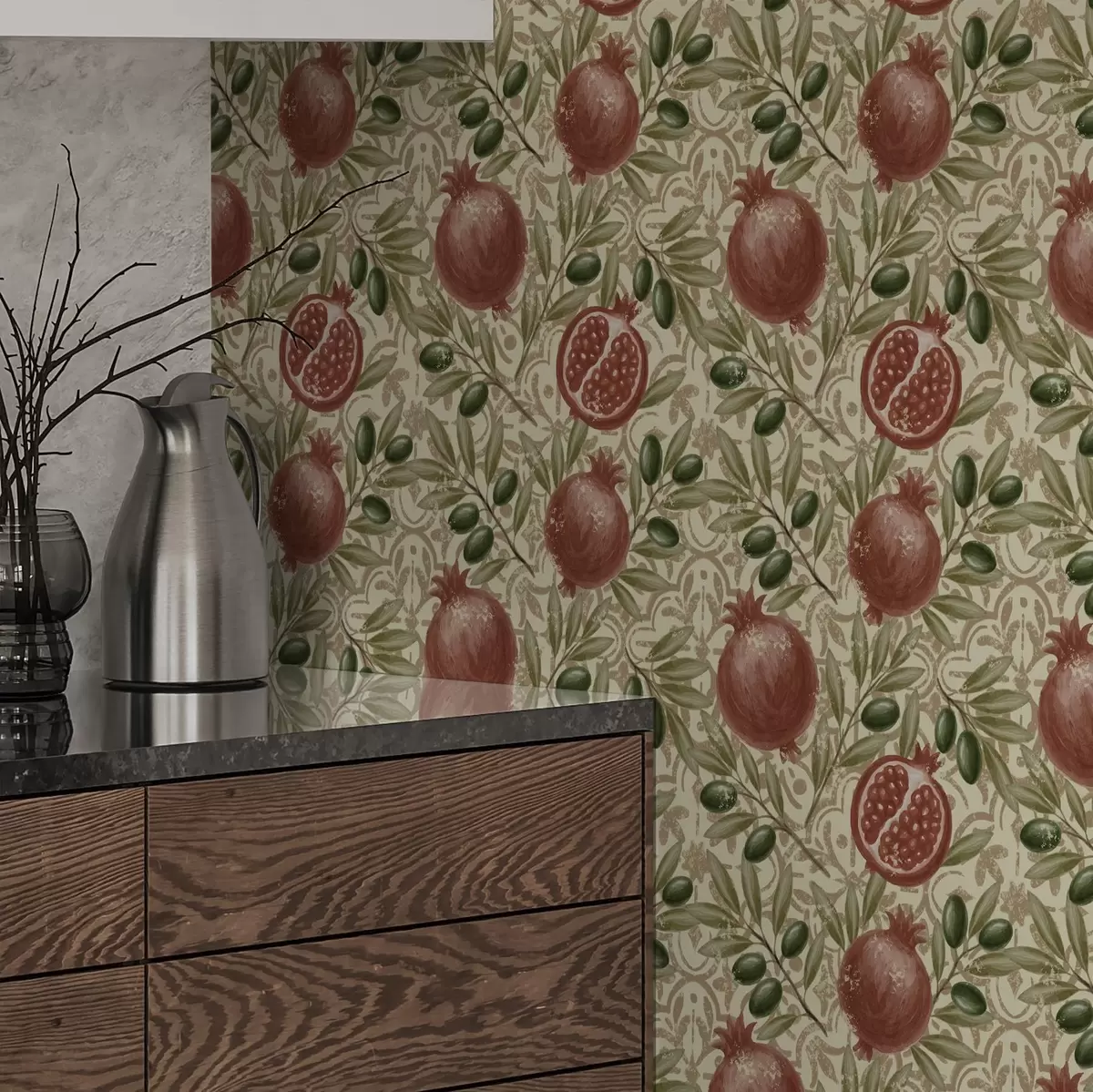 Papel pintado Granada y ramas de olivo sobre fondo ornamental a00764