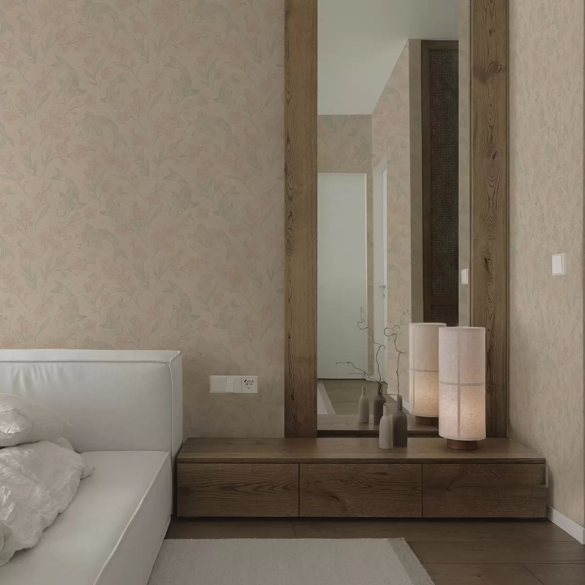 Papel pintado Carpas entre flores en suaves tonos beige y rosa a00766 Papel pintado Carpas entre flores en suaves tonos beige y rosa a00766