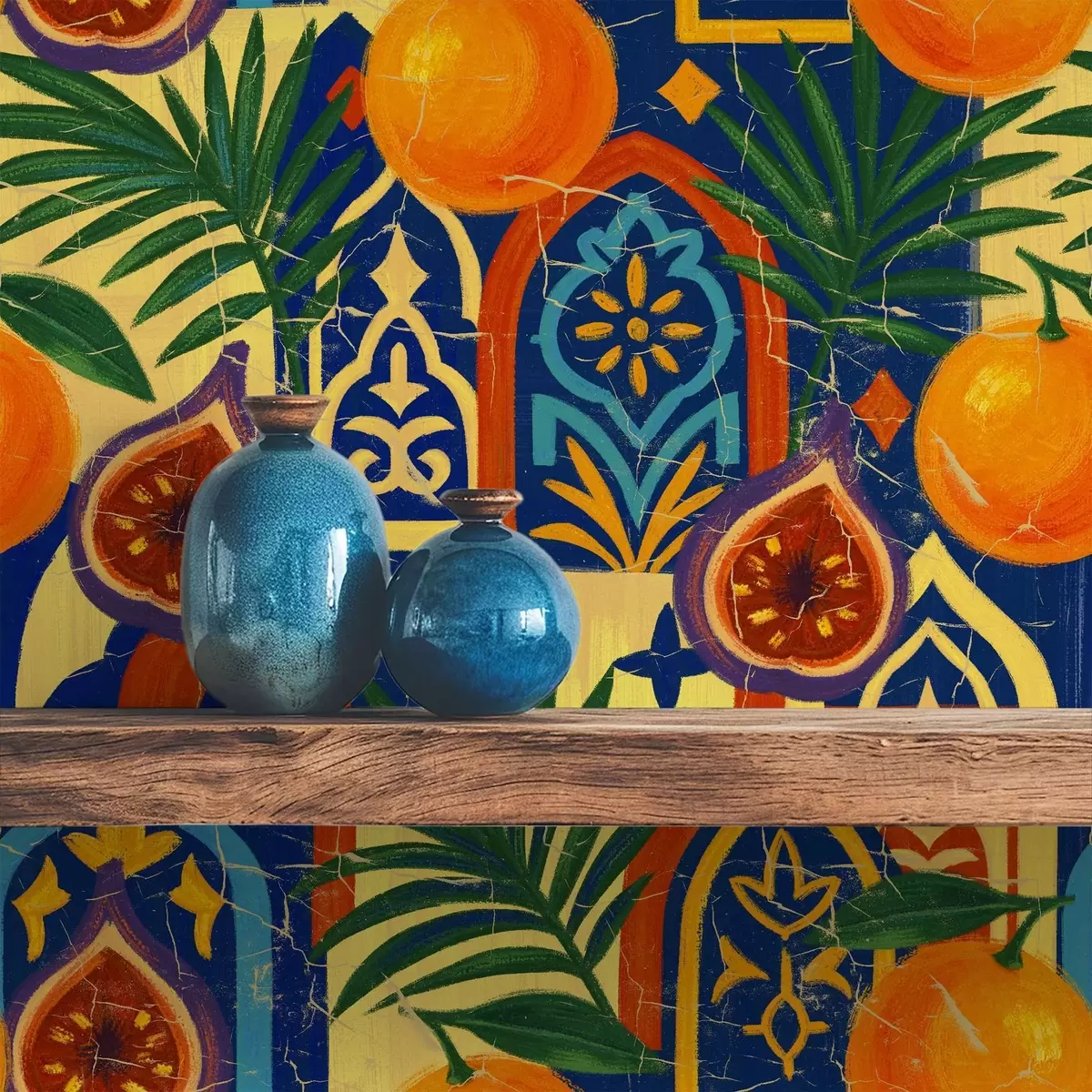 Papel pintado Naranjas brillantes, hojas de palmera y arcos marroquíes a00767