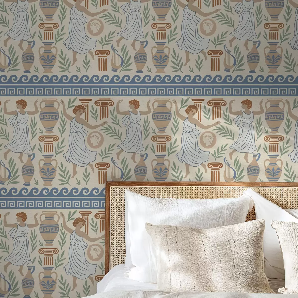 Papel pintado Adorno griego antiguo con figuras, jarrones y columnas a00768