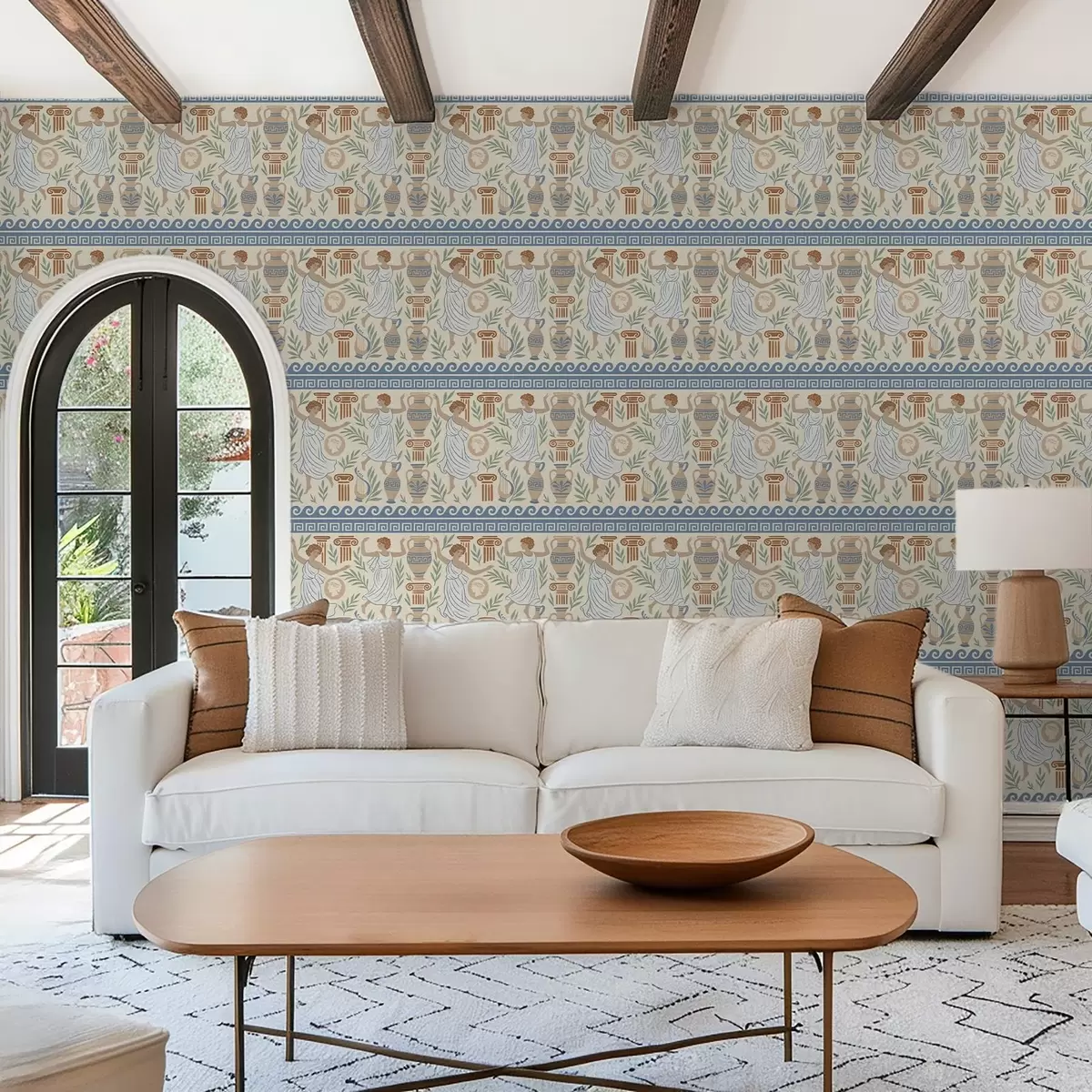 Papel pintado Adorno griego antiguo con figuras, jarrones y columnas a00768 Papel pintado Adorno griego antiguo con figuras, jarrones y columnas a00768