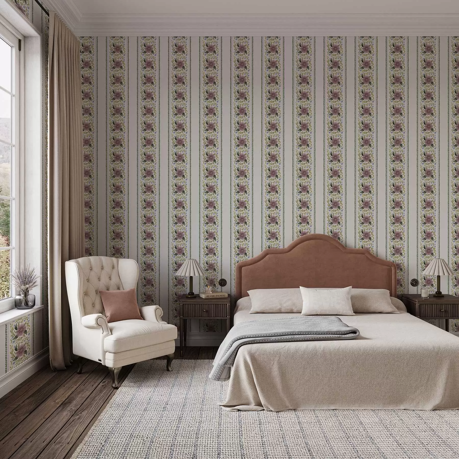 murales de pared Rayas florales verticales en tonos azul lila a00809