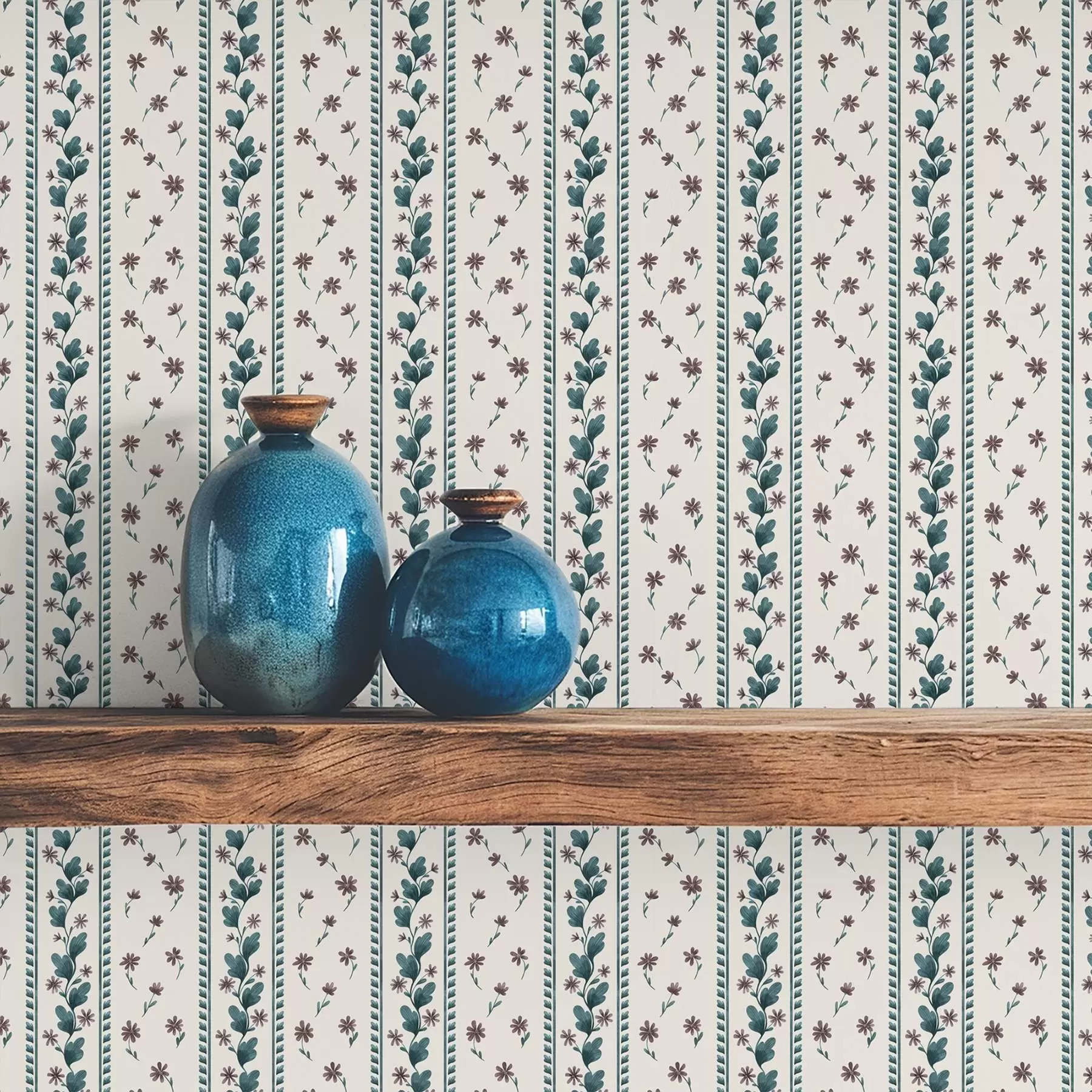 murales de pared Rayas florales verticales en tonos azul y marrón a00811