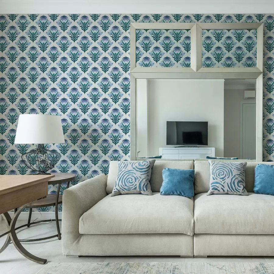 murales de pared Adorno floral simétrico en tonos azul y blanco a00812v2