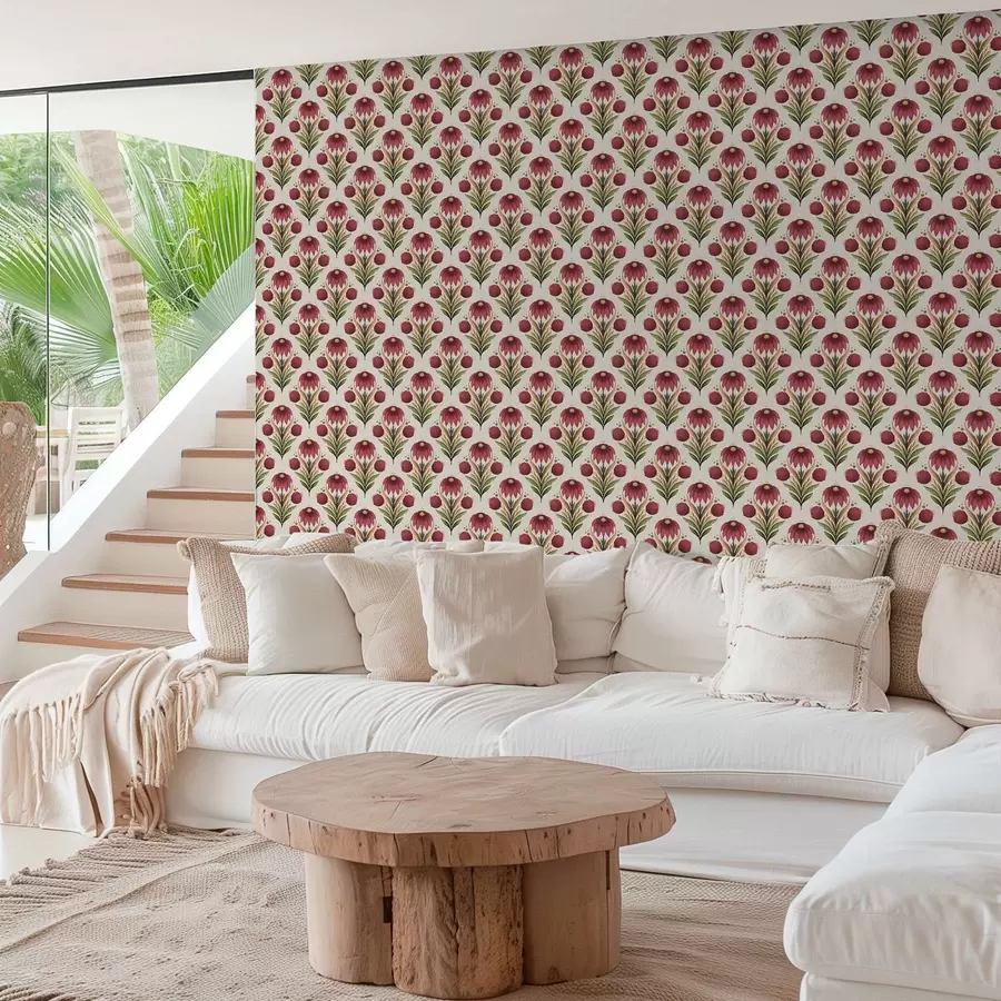 murales de pared Adorno floral simétrico en intensos tonos rojos y verdes a00812v4