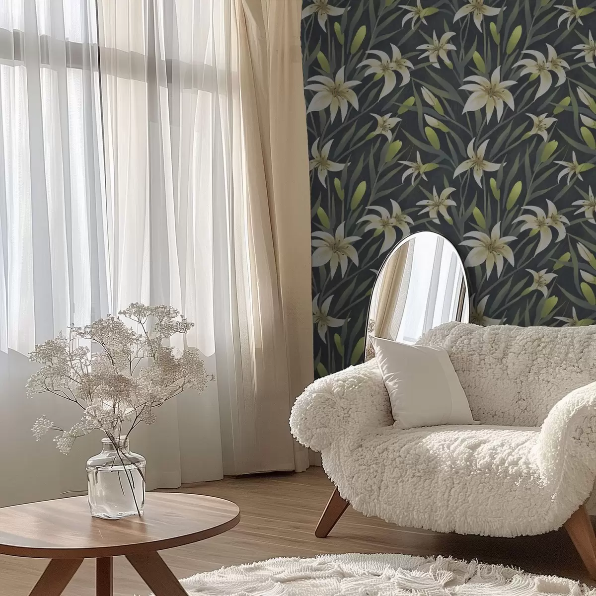 Papel pintado Lirios crema con hojas sobre fondo oscuro a00837v1 Papel pintado Lirios crema con hojas sobre fondo oscuro a00837v1