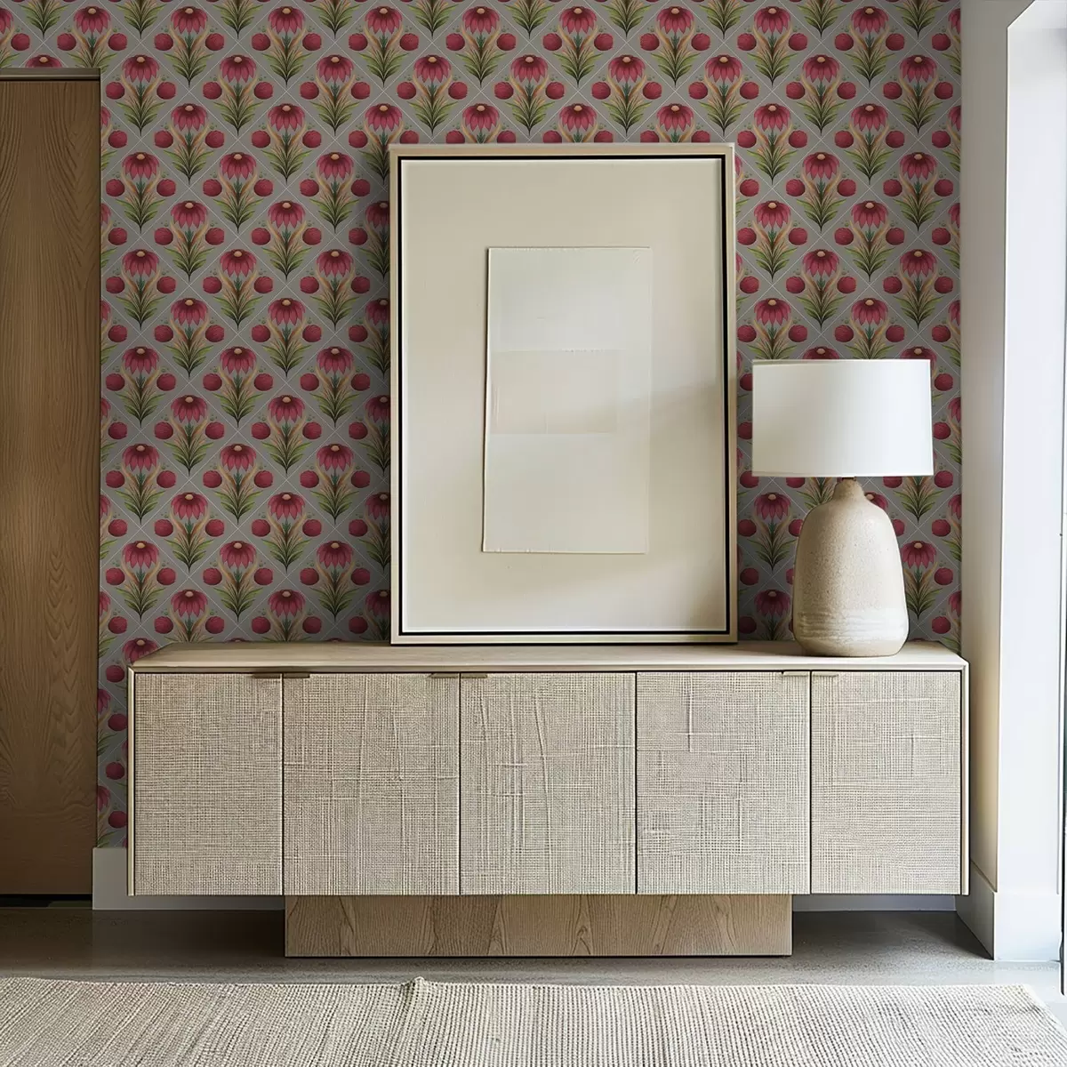 Papel pintado Adorno floral simétrico sobre fondo gris con diagonales a00869