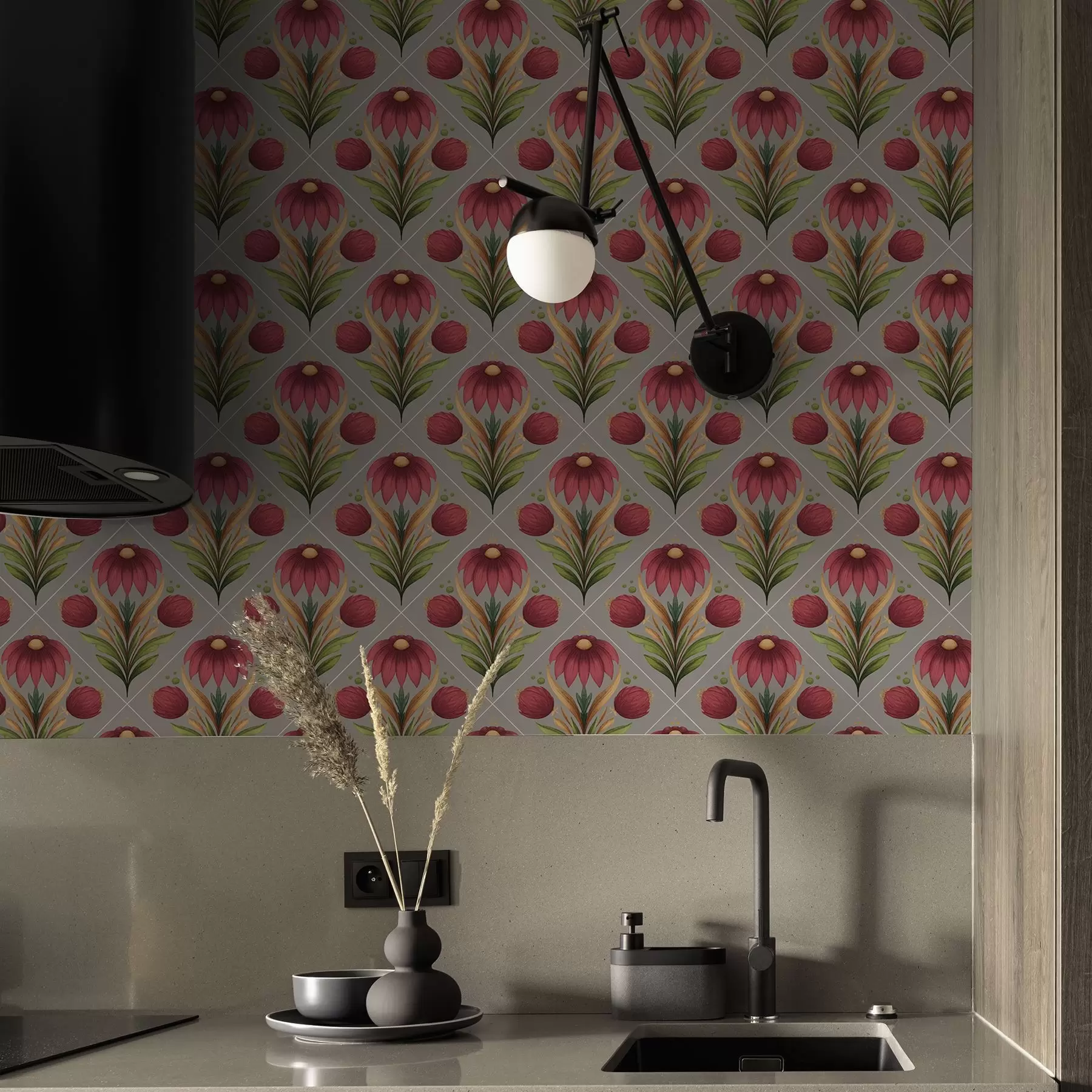 murales de pared Adorno floral simétrico sobre fondo gris con diagonales a00869