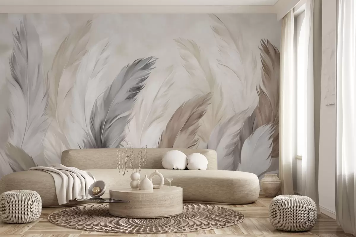 murales de pared Plumas suaves y esponjosas en una cálida paleta de colores neutros w04736