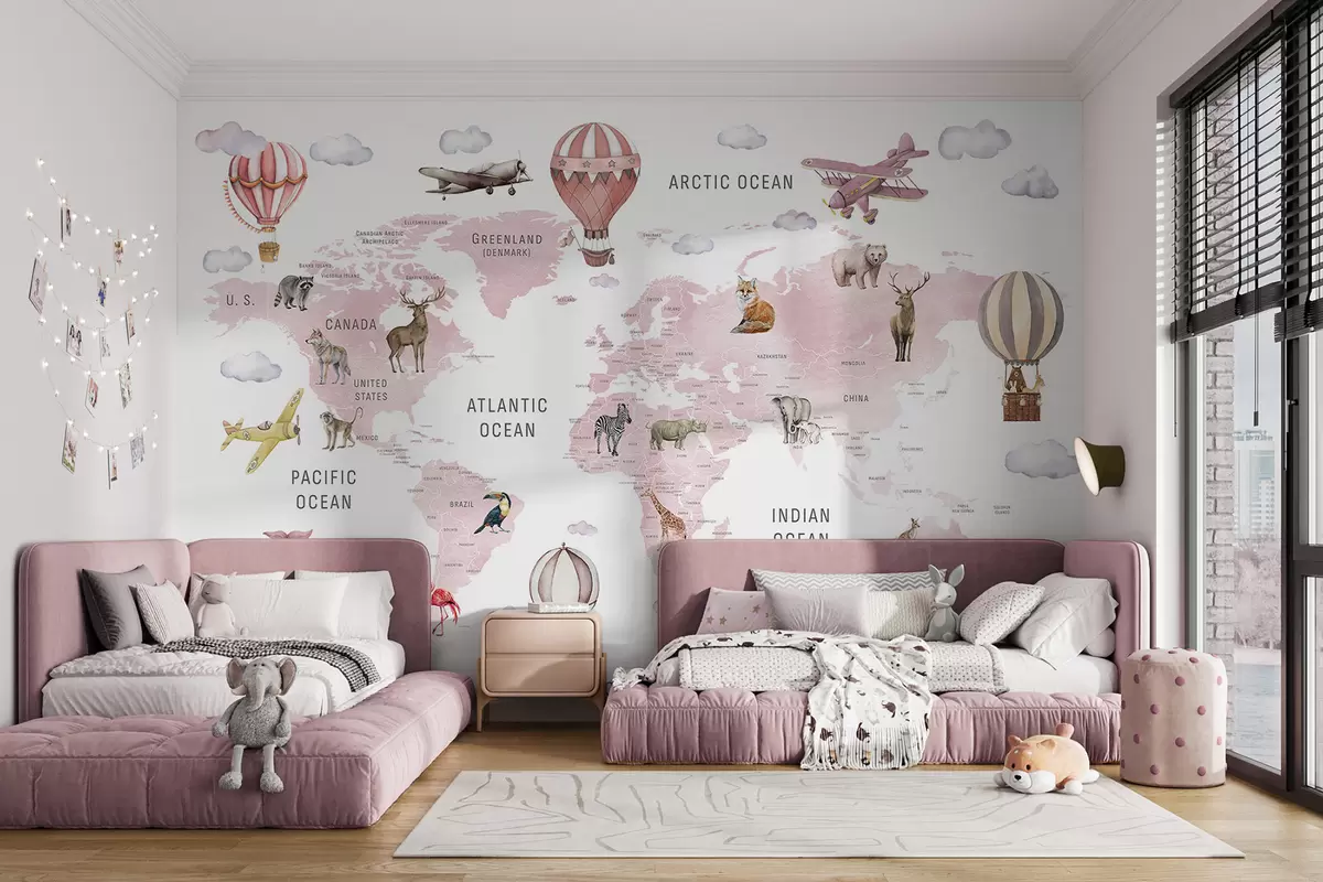 murales de pared Mapa infantil en estilo acuarela con animales y globos aerostáticos. En inglés. Color rosa. c00001env3
