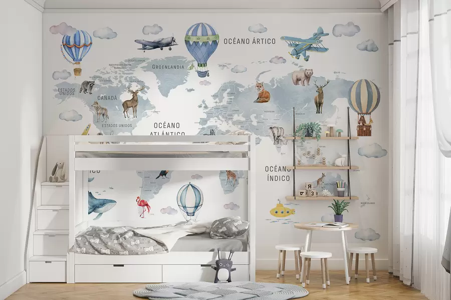 murales de pared Mapa infantil en estilo acuarela con animales y globos aerostáticos. En español. Color azul. c00001esv1