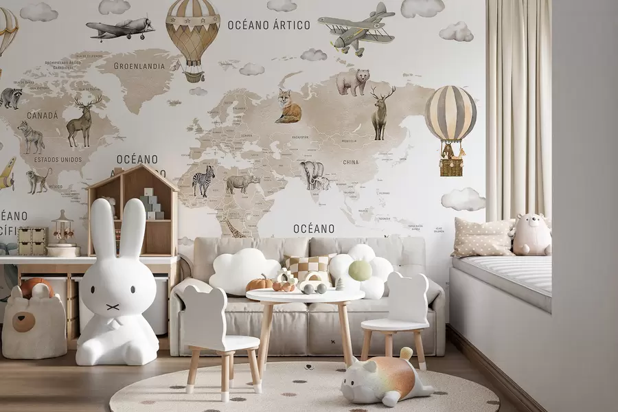 murales de pared Mapa infantil en estilo acuarela con animales y globos aerostáticos. En español. Color beige. c00001esv2