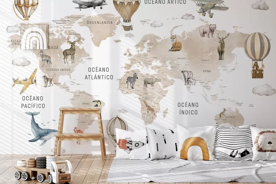 murales de pared Mapa de estilo acuarela para niños con animales y globos aerostáticos. En español. Color beige. c00001esv2