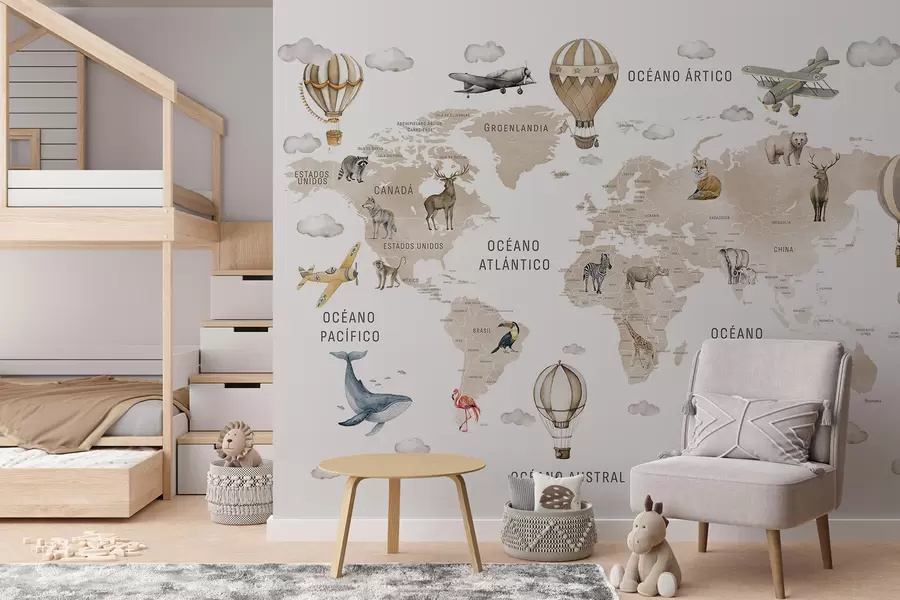 murales de pared Mapa infantil en estilo acuarela con animales y globos aerostáticos. En español. Color beige. c00001esv2