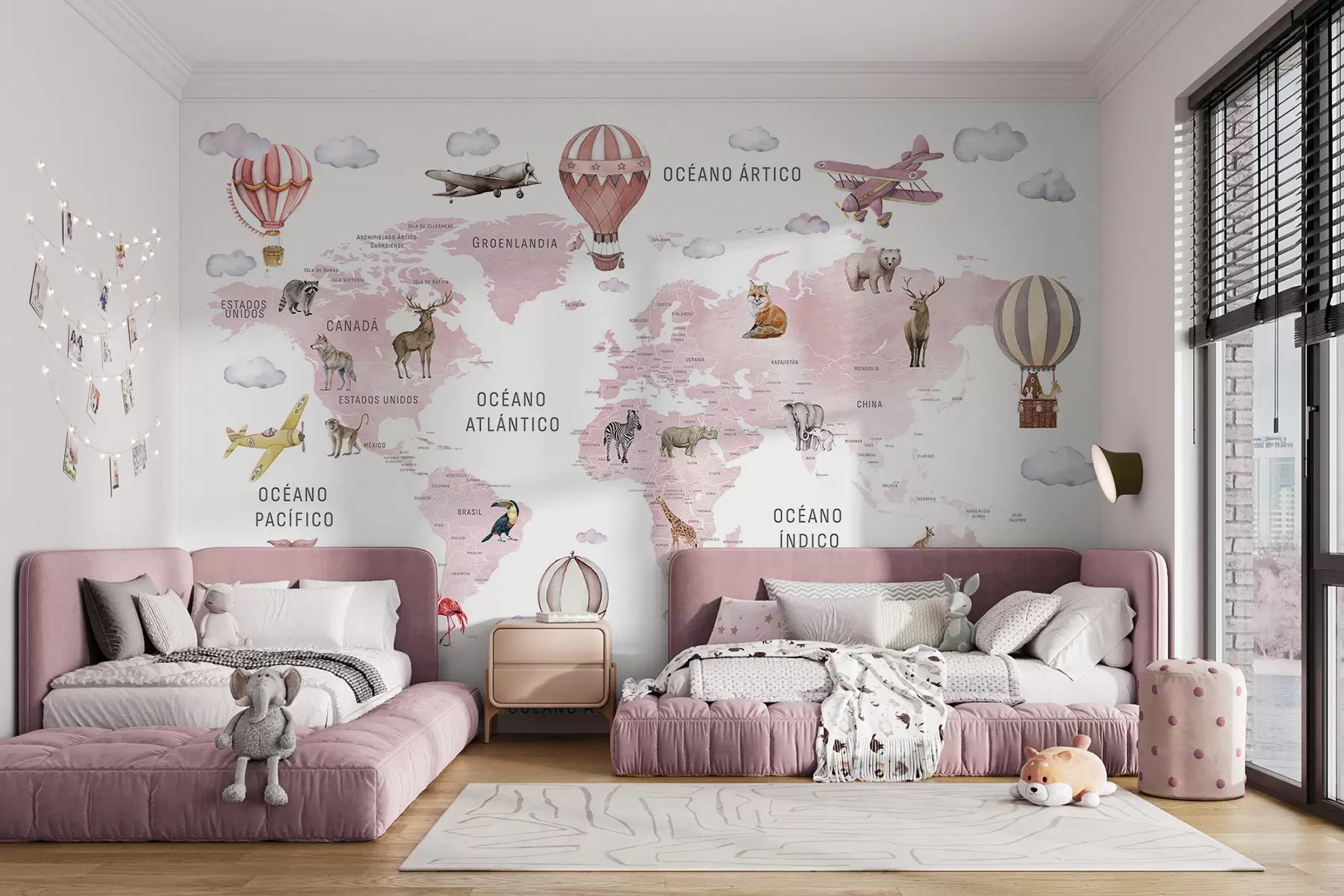 murales de pared Mapa infantil en estilo acuarela con animales y globos aerostáticos. En español. Color rosa. c00001esv3