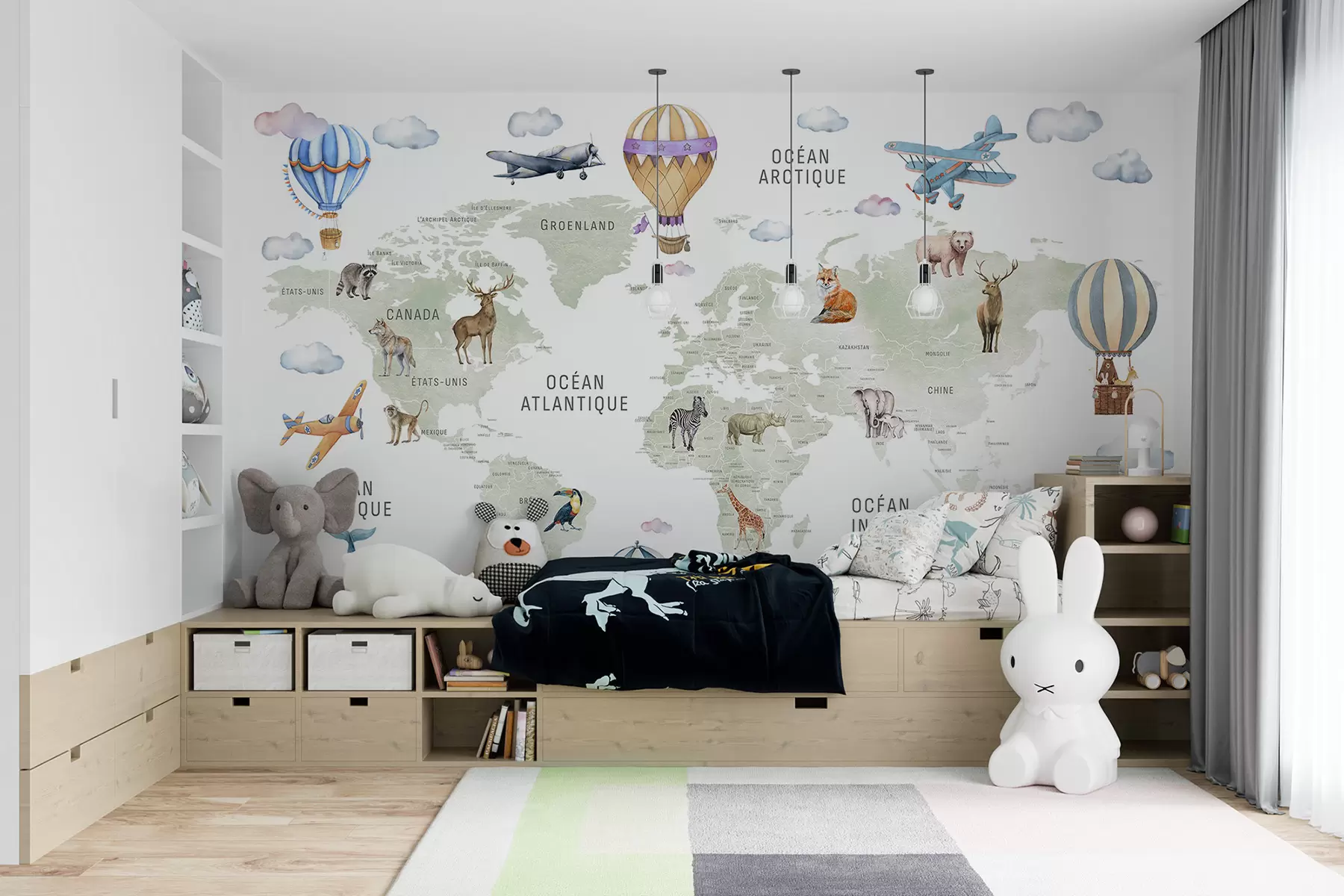 murales de pared Mapa infantil en estilo acuarela con animales y globos aerostáticos. En francés. Color verde. c00001fr
