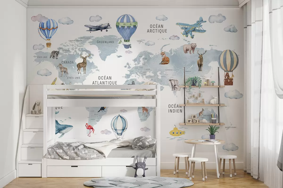 murales de pared Mapa infantil en estilo acuarela con animales y globos aerostáticos. Idioma francés. Color azul. c00001frv1