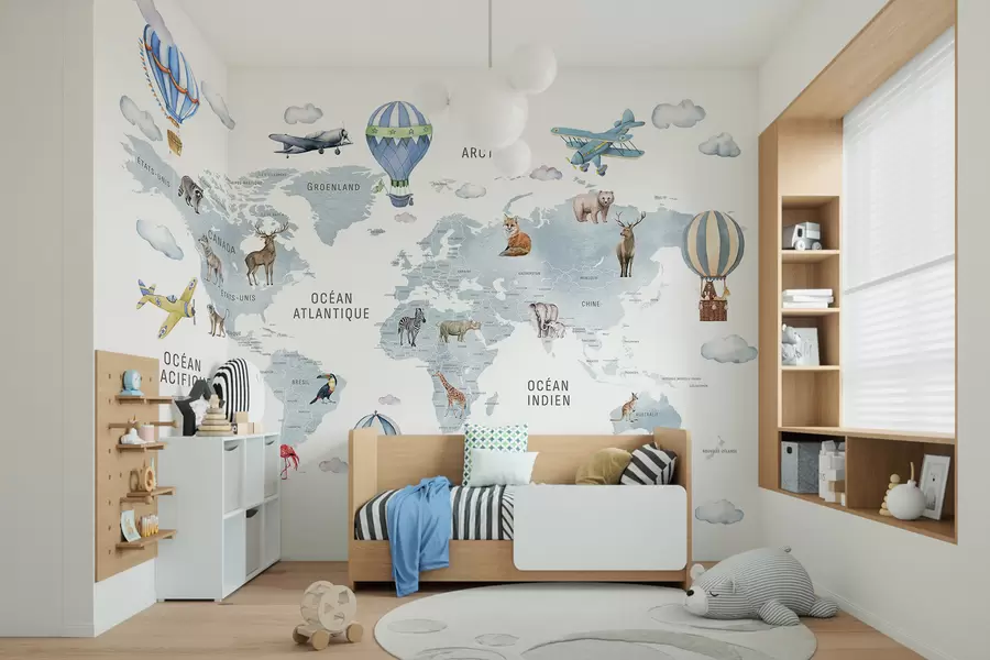murales de pared Mapa infantil en estilo acuarela con animales y globos aerostáticos. Idioma francés. Color azul c00001frv1