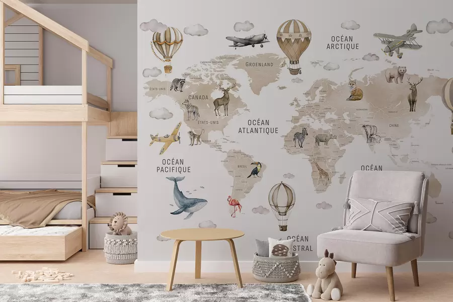 murales de pared Mapa de estilo acuarela para niños con animales y globos aerostáticos. En francés. Color beige. c00001frv2