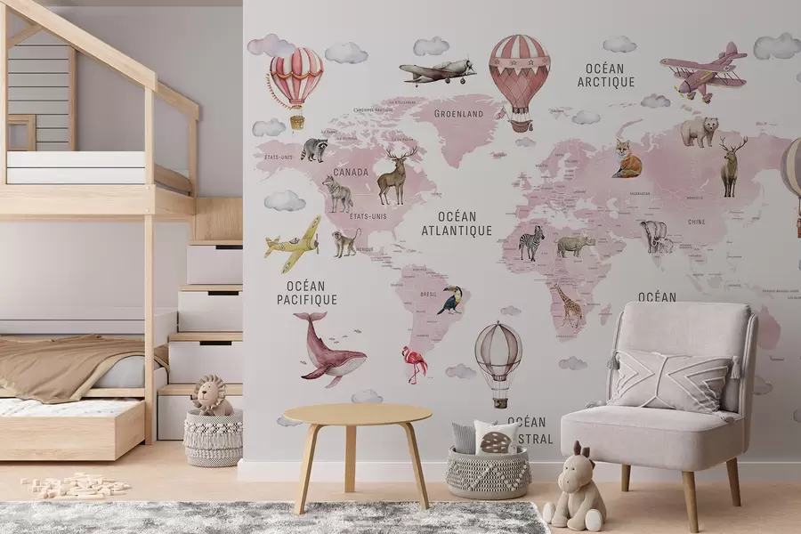 murales de pared Mapa de estilo acuarela para niños con animales y globos aerostáticos. Idioma francés. Color rosa. c00001frv3