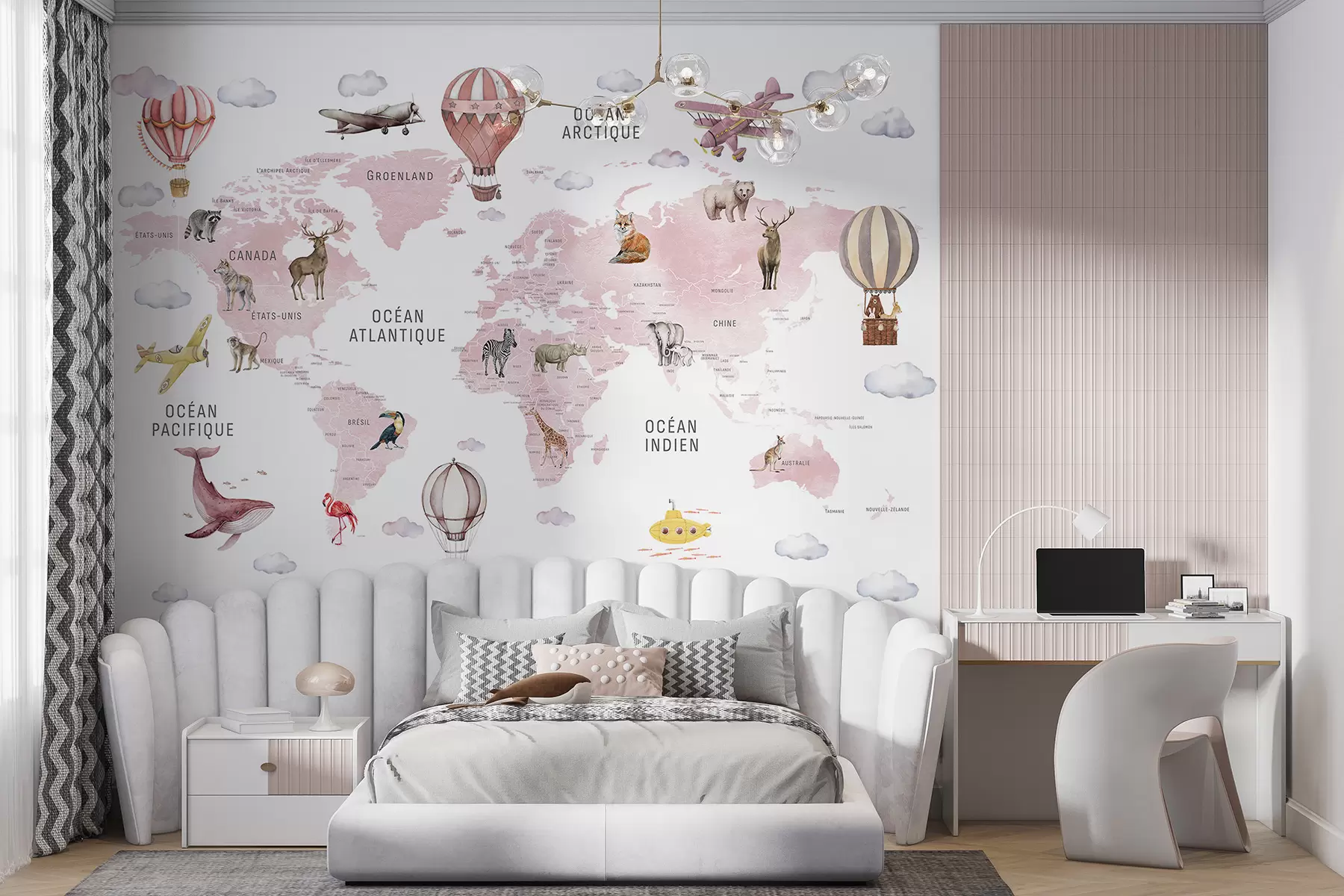 murales de pared Mapa infantil en estilo acuarela con animales y globos aerostáticos. En francés. Color rosa c00001frv3