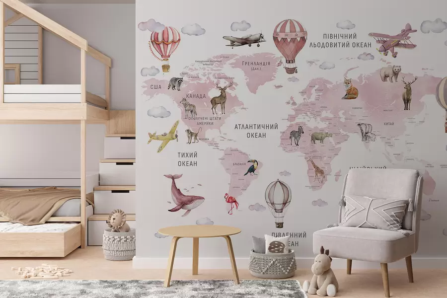 murales de pared Mapa infantil en estilo acuarela con animales y globos aerostáticos. Idioma ucraniano. Color rosa c00001ukv3